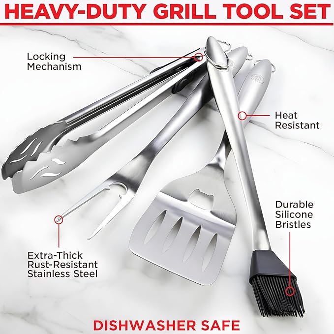 Alpha Grillers Grilling Accessories - Grilling Gifts for Men - BBQ Accessories Grill Tools Set with Spatula, Fork, Brush & Tongs - Outdoor Barbecue Utensils Gifts for Men Dad Him Boyfriend