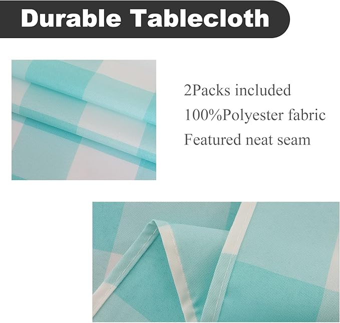 Cupuamon 2 Pack Waterproof Polyester Fabic Rectangle Checkered Tablecloth，60x84 Outdoor Table Cloth，Oil Stain Prevention Table Cloth for Pinics and Parties（Aqua and White）