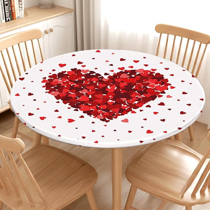 Valentines Day Round Fitted Tablecloth with Elastic Red Love Heart Circle Table Cloth for 40-44" Tables Wipeable Waterproof Washable Valentine Decorative Table Cover for Picnic Dining Party Decor