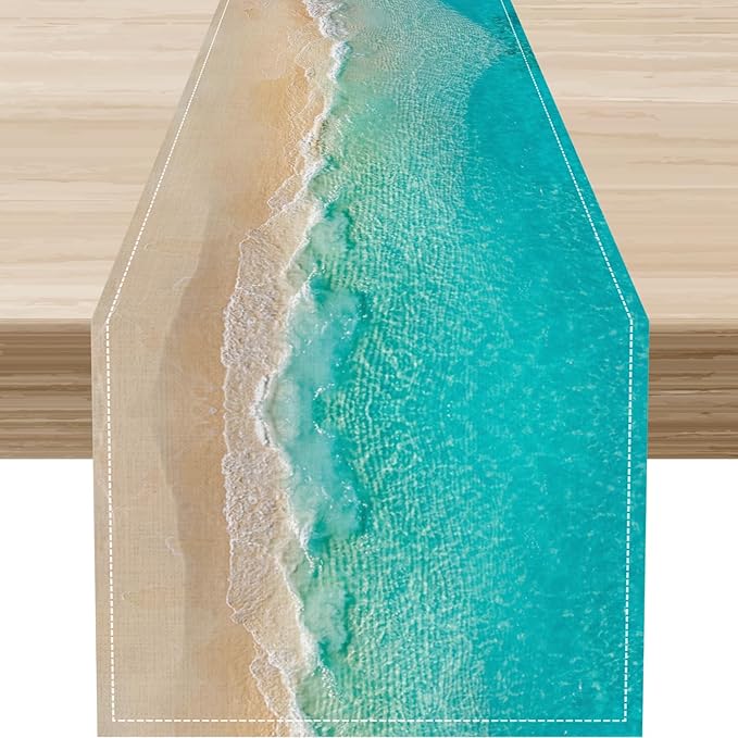 Blue Sea Waves Table Runner, Summer Turquoise Tropical Beach Sandy Ocean Clear Sea Water Coffee Table Center Deco, for Wedding Party Holiday and Living Room Table Decorations, 13" X 36"