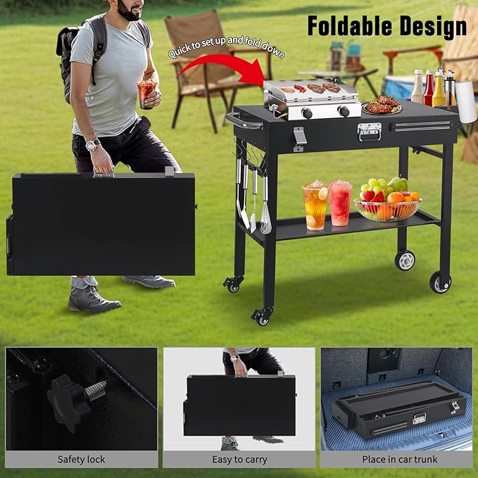 Portable Grill Cart for Blackstone Griddle with Lock, Shelves & Caddy - Fits 17 or 22 Inch Grills, Foldable Outdoor Cooking Stand for Outdoor Tailgate and Camping, Black