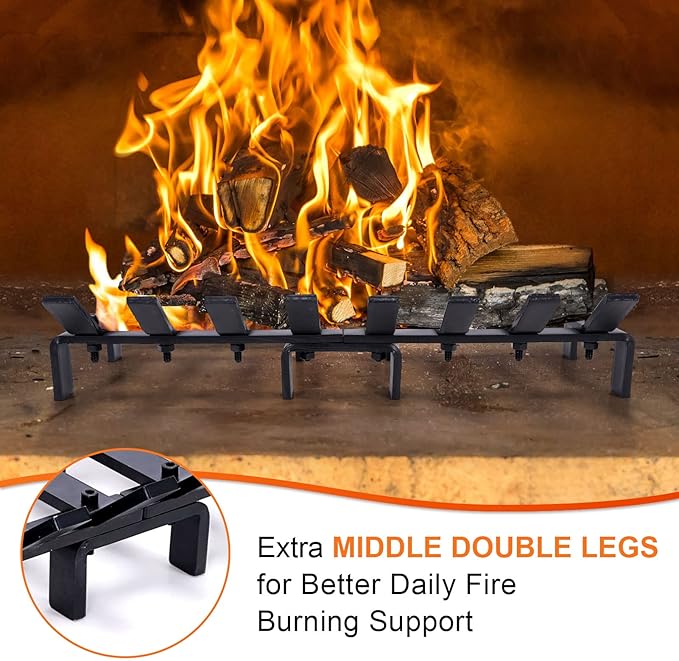 20" Fireplace Grate Wood Stove Grate Rack Stove Burning Rack Heavy Duty Solid Steel 8-Bars Firewood Holder Easy Assembly Fire Grate for Indoor Hearth Outdoor Firepit Matt Black