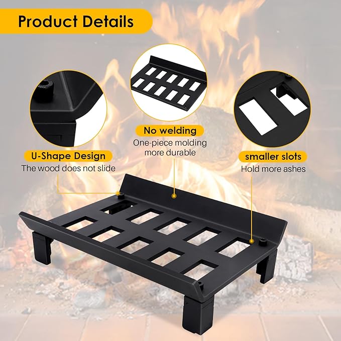 STBoo Fireplace Grate 13inch - Wood Stove Grates Heavy Duty | Fireplace Log Holder | Firewood Log Burning Wrought Iron Rack | Fire Pit Tray for Indoor Chimney Hearth & Outdoor Kindling Tool