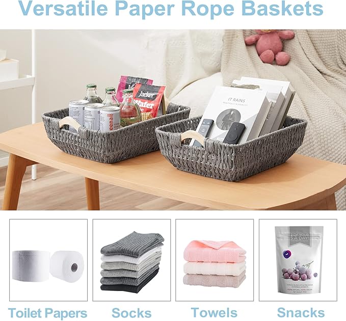 FairyHaus Wicker Baksets 2Pack 15x10x5, Recyclable & Renewable Paper Rope Wicker Storage Bakset with Solid Wood Handles, Wicker Baskets for Shelves Organizing, Grey