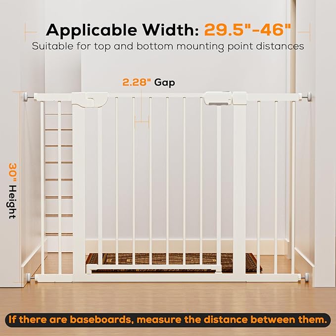 29.5-46" Baby Gate for Stairs, Baby Safety Essentials, Auto Close Gate for Doorways, Easy Install Pressure Mounted Dog Gate Indoor, Pet Gates for Dogs, White