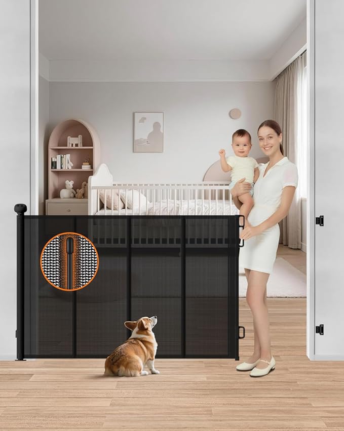 Retractable Baby Gate, 55" Wide Mesh Baby Gate with 4 Reinforced Rods, 34" Tall Anti-Sagging Dog Gate, Prevents Kids & Dogs from Crawling Under, for Stairways, Hallways & Patios, Black