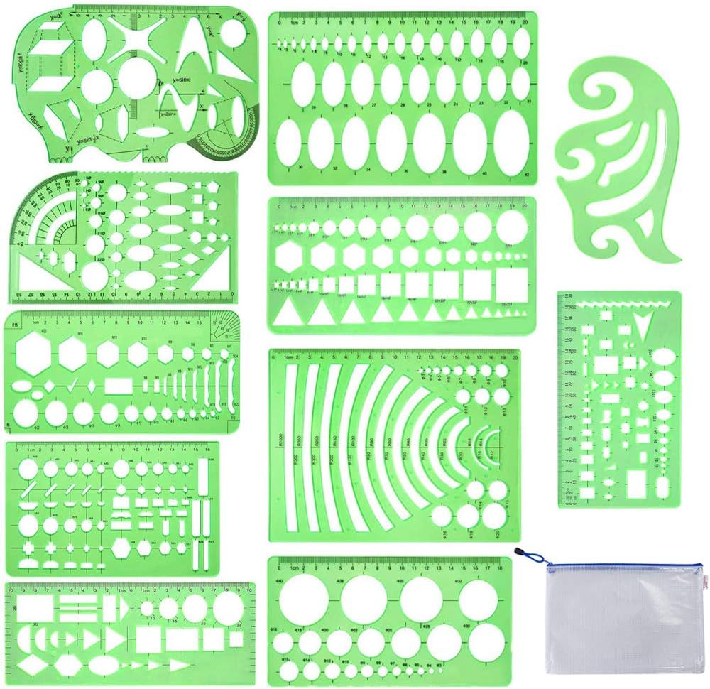 11 Pieces Geometric Drawings Templates Stencils Plastic Measuring Template Rulers Clear Green Shape Template for Drawing Engineering Drafting Building School Office Supplies