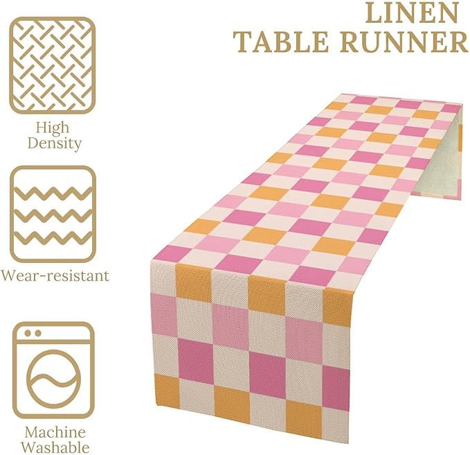 Pink Checkered Table Runner, Vintage 70s Abstract Cute Modern Hippie Table Runner for Party Kitchen Dining Home Outdoor 13x120in