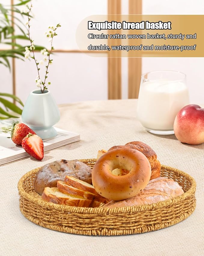 Woven Bread Basket, 3 Pack Wicker Fruit Baskets Rattan Bread Basket Poly Wicker Bread Baskets With Handles For Food Serving, Display, Vegetables, Home Kitchen, Restaurant, Outdoor (Round set)