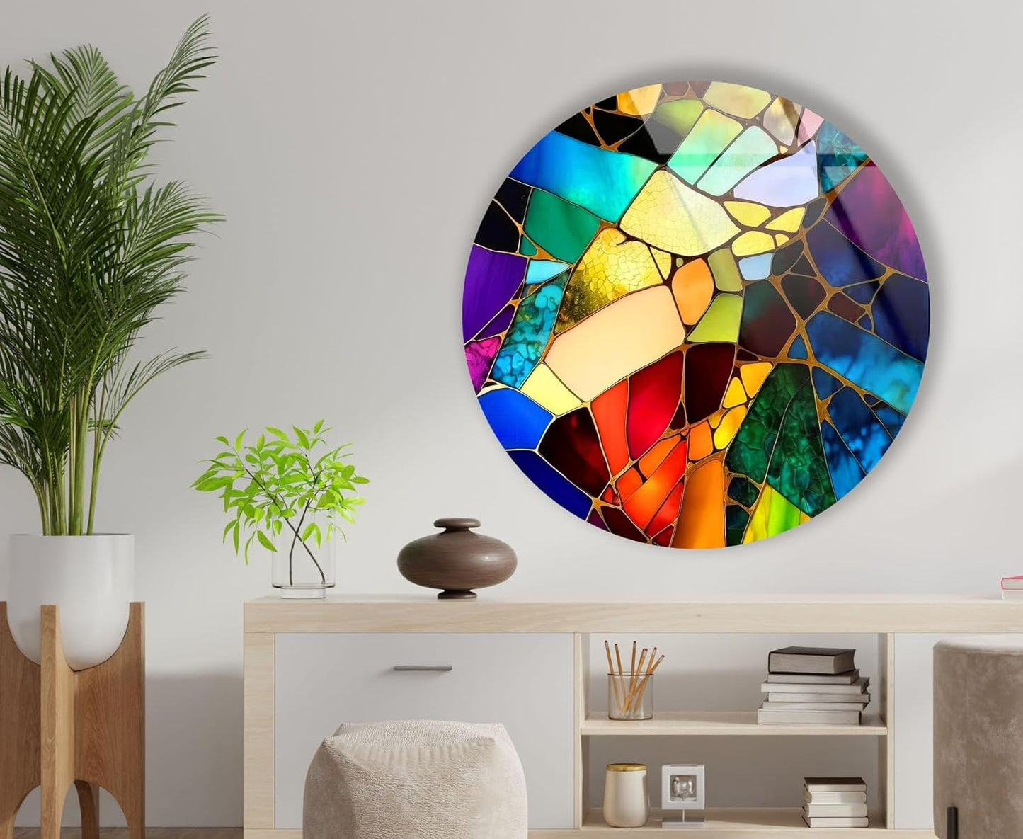 My Photostation.com 15.8''(40cm) Diameter Multicolor Round Stained Glass Wall Art Vibrant Mosaic Abstract Panel Tempered Glass Printing Wall Decor Large Wall Art Wall Hangings