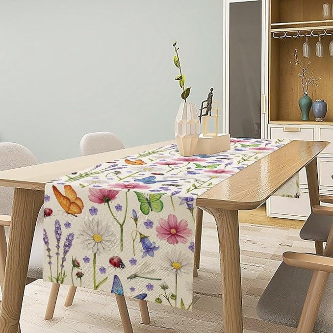 Flower Floral Table Runner, Butterfly Wildflowers Daisy Spring Summer Rustic Table Runner for Farmhouse Holiday Kitchen Dining Outdoor Home Party 13x90in
