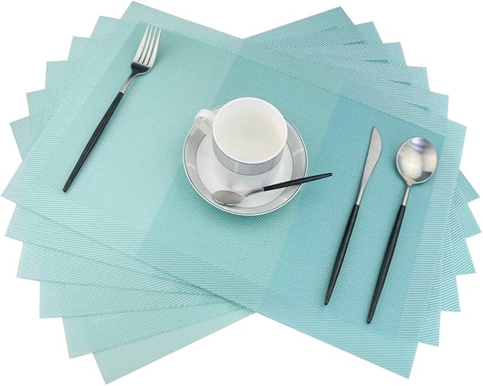 PIGCHCY Placemats Non-Slip Plastic Easy to Clean Woven Vinyl Placemats for Dining Table 18x12 Inches Washable Table Mats Set of 6 (Turquoise)