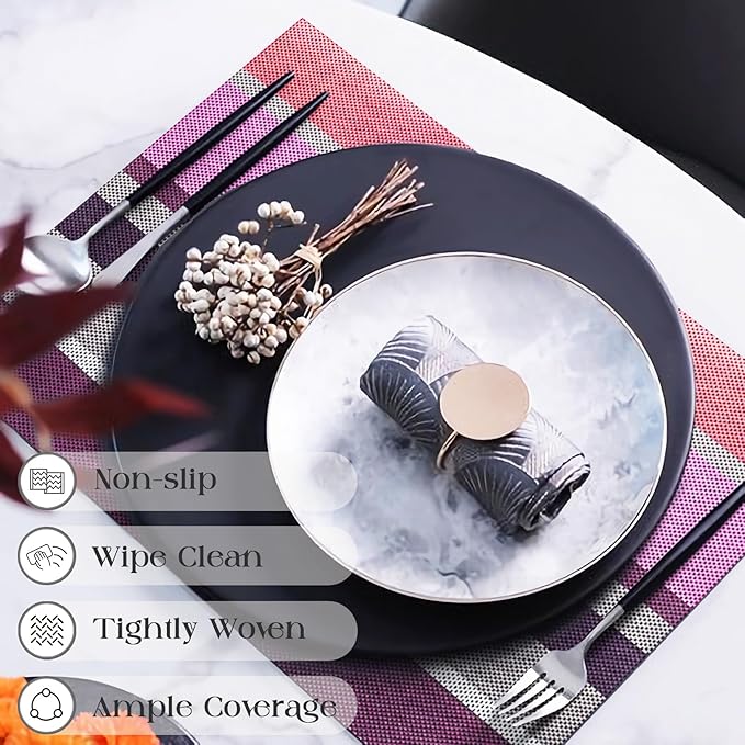 Set of 6 Colorful Striped Vinyl Placemats Heat-Resistant Washable Placemats Non-Slip Woven Table Mats Wipeable Placemat for Kitchen Dining Table Decoration Indoor Outdoor (Violet Purple)