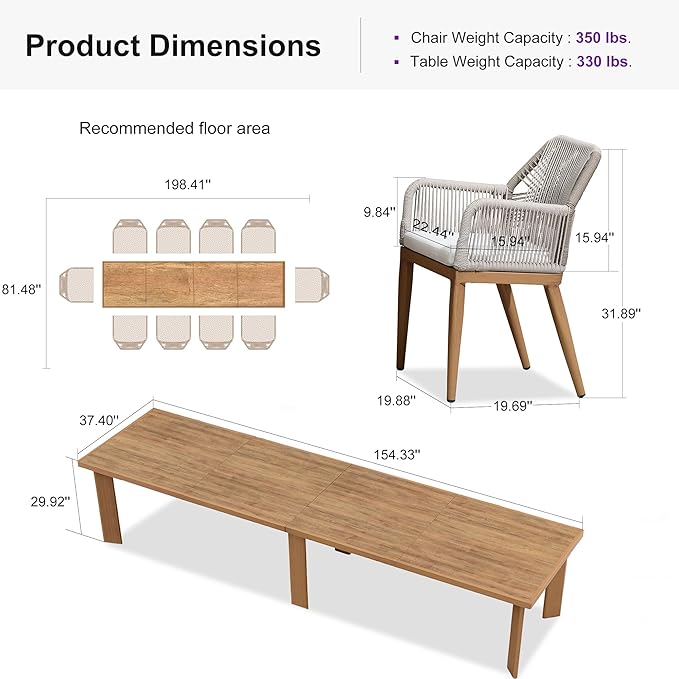 PURPLE LEAF 11 Pieces Patio Dining Set Aluminum Modern Oversize Rectangular Table and Rattan Arm Chairs with Cushions for Kitchen Porch Garden Outdoor Furniture Sets, Teak