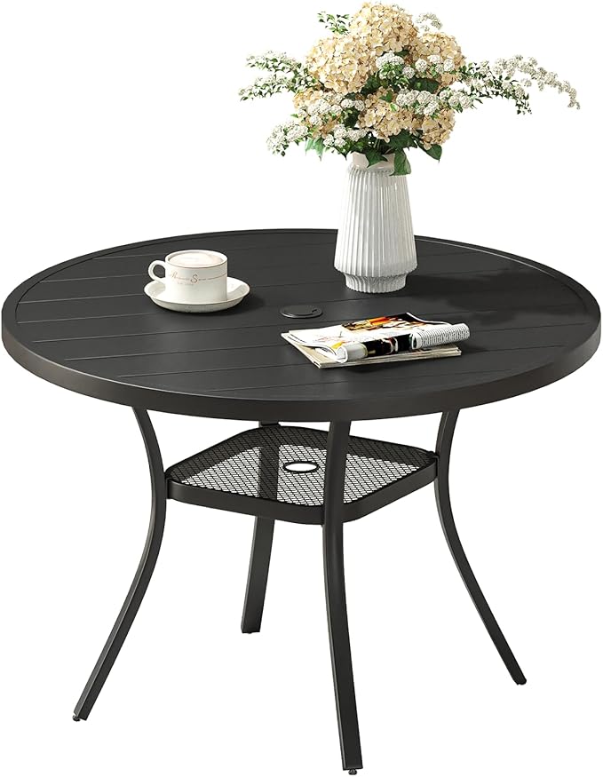 VICLLAX 41 Inches Round Patio Dining Table with Umbrella Hole, Metal Outdoor Dining Table for Garden, Patio, Porch, Black