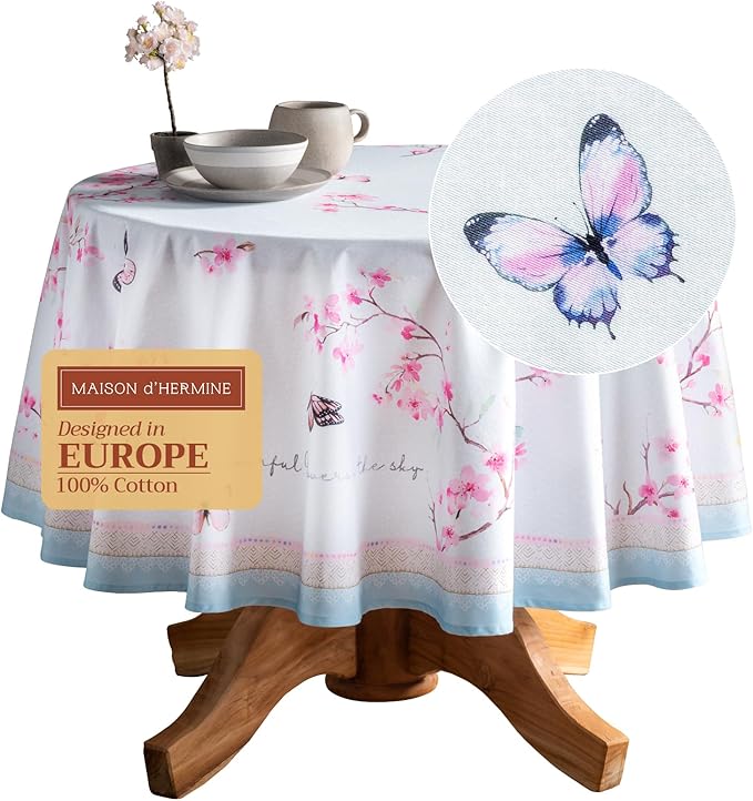 Maison d' Hermine Table Cloth Round Table 100% Cotton 69 Inches Tablecloth Reusable Decorative Everyday Use for Dining Room, Farmhouse, Home Party, Festive & Wedding Spring Summer - Blossoms In Spring