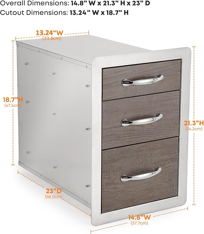 Stanbroil Outdoor Kitchen Drawers Triple BBQ Drawers 15" W x 21.3" H x 23" D, Wood Grain Access Drawer Flush Mount for BBQ Islands or Grill Station