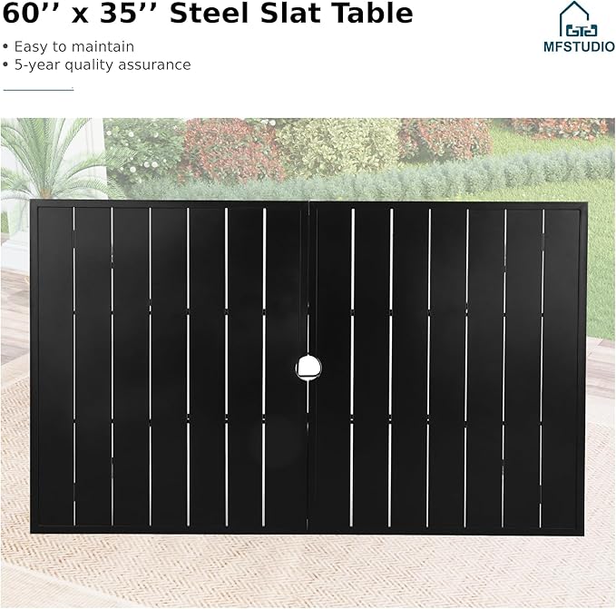 MFSTUDIO Outdoor Patio Dining Table for 6, Rectangle Weather Resistant Metal Patio Table with Adjustable Umbrella Hole, Black