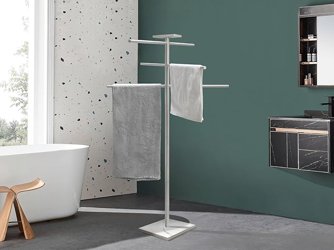 Marble Base Hot Tub Towel Rack for Spa, 304 Stainless Steel 6 Arms Standing Towel Holder with Tray for Swimming Pool Indoor or Outdoor Towel Sheet Drying Rack Brushed Nickel