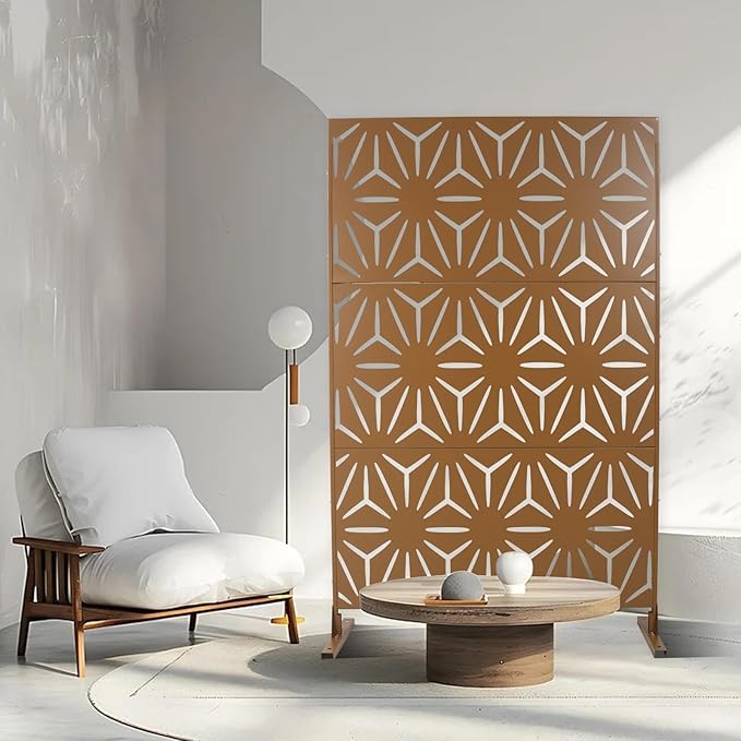 Outdoor Privacy Screen, 76" H x 48" W Decorative Metal Panel, Steel Privacy Divider with Freestanding Base, Ideal for Garden, Patio, or Balcony, Brown