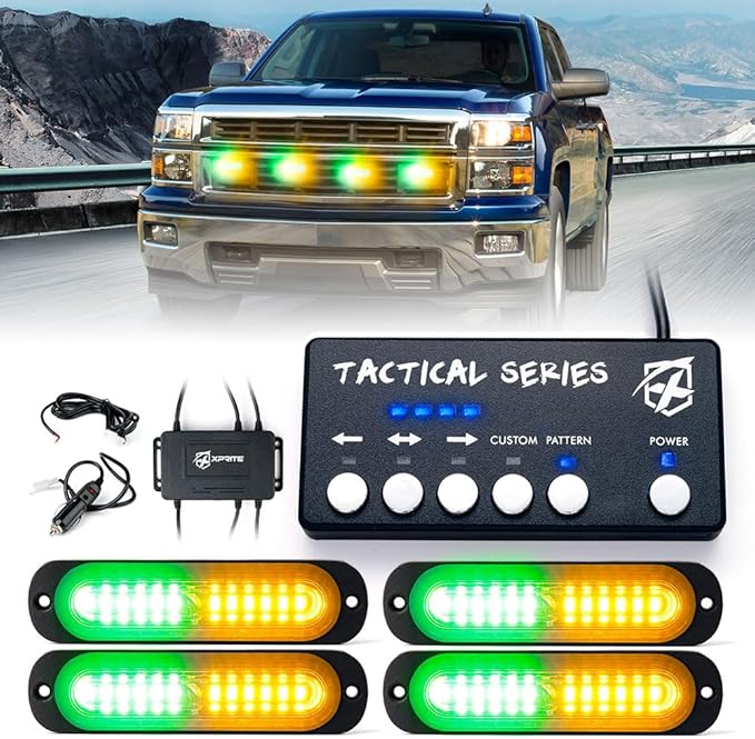 Xprite Amber Green LED Surface Mount Strobe Lights Kit, w/Control Panel Emergency Safety Warning Flashing Grille Cop Marker Light Assembly for Vehicles Trucks ATV UTV Motorcycle 4PCS
