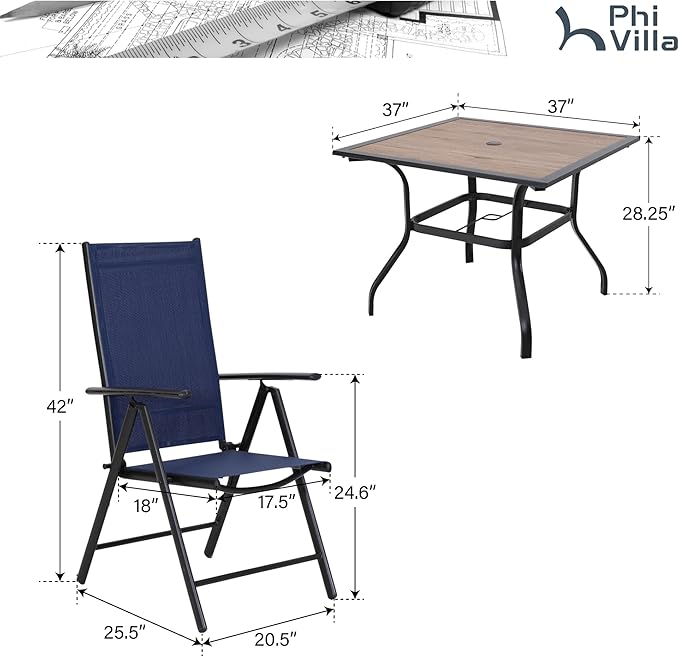 PHI VILLA 5-Piece Patio Dining Set for Outdoor, Patio Table and Chairs Set with Square Wooden-Like Table & Patio Folding Sling Chairs (Blue)