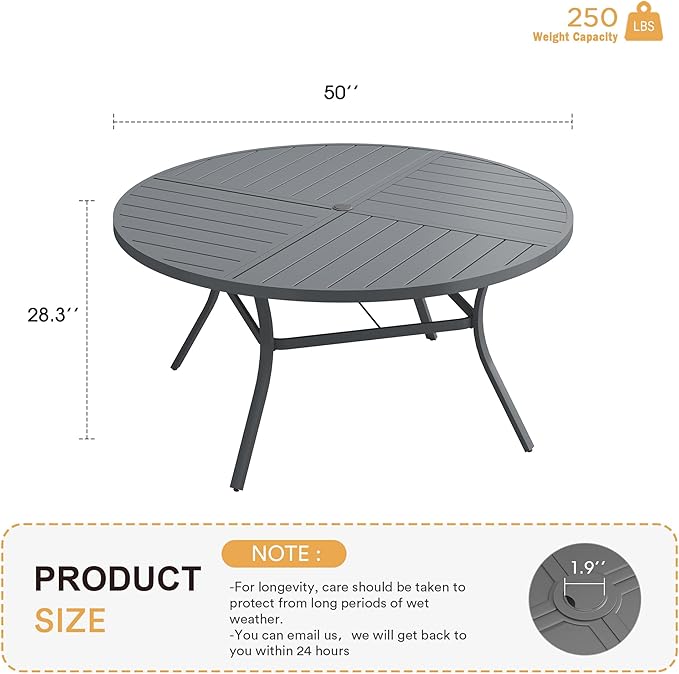 VICLLAX Round Patio Table with Adjustable Umbrella Hole for 6, All Weather Metal Outdoor Dining Table for Lawn Garden, 50" Outdoor Coffee Table, Grey Tabletop
