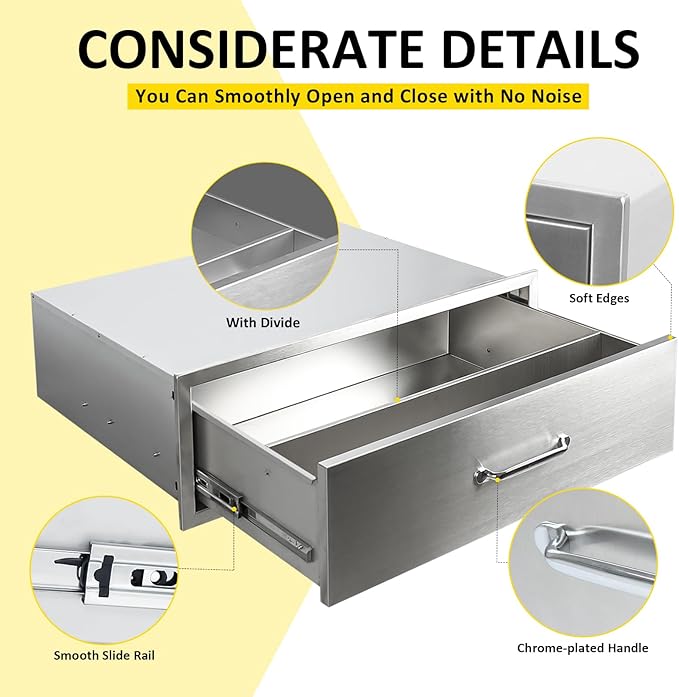 Outdoor Kitchen Drawers 30" W x 10" H x 23" D Flush Mount BBQ Single Drawers with Divider,Built-in Stainless Steel Drawer with Chrome Handle for Outdoor Kitchen Island Patio Grill Station