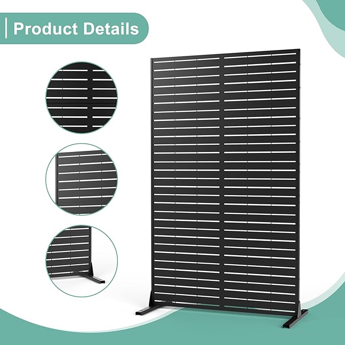 Metal Privacy Screen for Outdoor & Indoor Use, Free Standing Privacy Screen for Patio Garden Pool, 72" H x 44" W Decoative Privacy Panels, Weather Resistant, Easy Assembly (Black Louvered Floral)