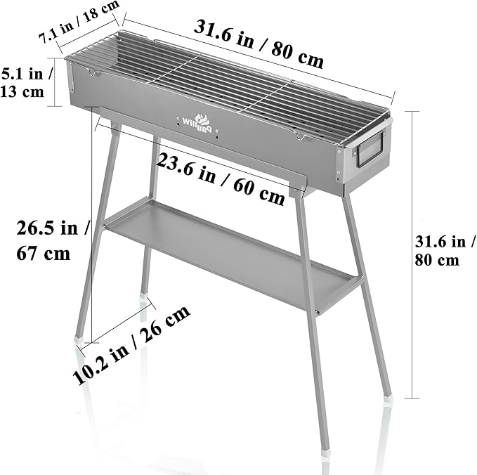 WILLBBQ Charcoal Grills Commercial Quality Portable Hibachi BBQ Lamb Skewer Folded Camping Barbecue Grill for Camping(31.6x7.1x5.1inch With Accessories) - The Perfect Gifts for Grill Lovers