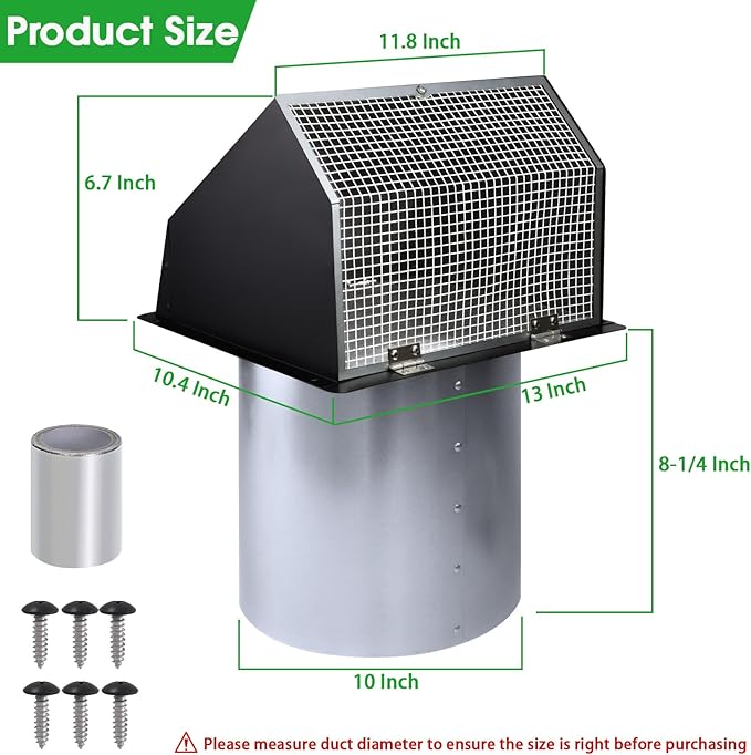 10 Inch Hooded Wall Vent with Screen and Damper,Outdoor Wall Exhaust Vent Cover Cap for Kitchen Range Hood HVAC Duct Dryer Ventilation&Outside Exterior Mount,Galvanized Steel,Black