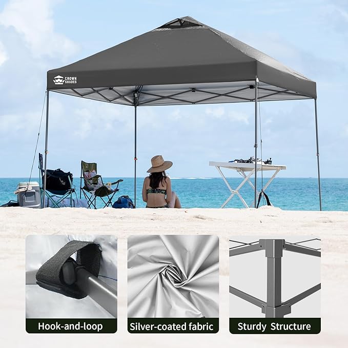 CROWN SHADES Adjustable Height on The Fly, 10x10 Pop Up Canopy - Beach Tent with One Push Setup - Easy Outdoor Sun Shade for Events, Parties, Camping - Outside Shade with STO-N-Go Bag, Grey