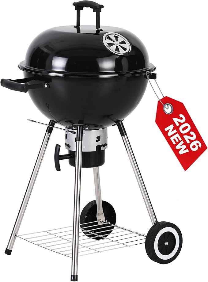 GREEN PARTY 18 inch Kettle Charcoal BBQ Grill with Wheels, Portable Charcoal Grill with Porcelain-Enameled Lid & Ash Catcher for Outdoor Cooking Barbecue Camping Picnics Tailgating, Black