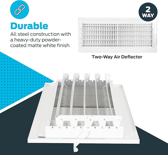 EZ-FLO 16 x 6 Inch (Duct Opening) Air Vent Cover for Wall or Ceiling, Two-Way Ventilation Register, Solid Steel HVAC Register Cover, White, 61663