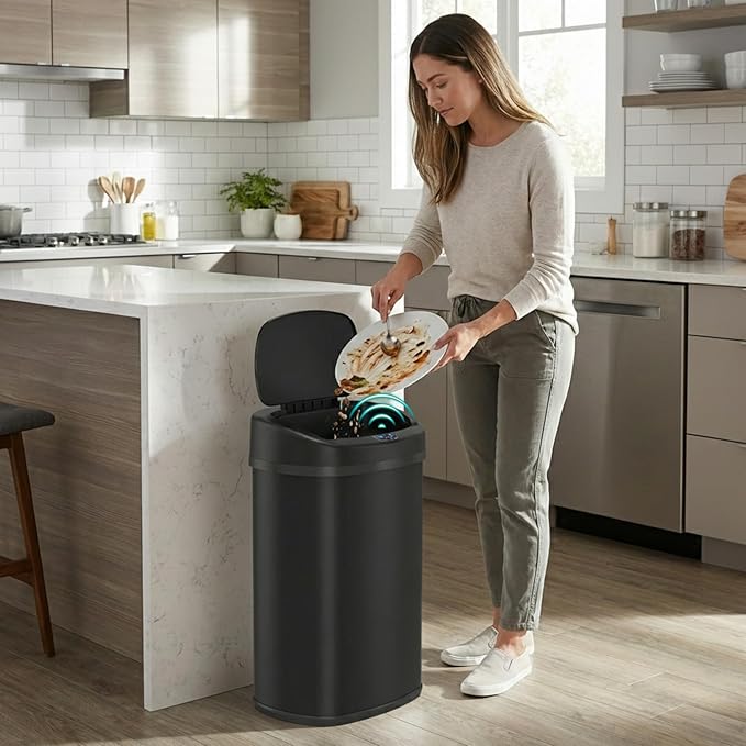 iTouchless 13 Gallon Automatic Sensor Trash Can with Lid, AbsorbX Odor Control System, Matte Black Stainless Steel Kitchen Garbage Bin, Fingerprint-Proof, Hands-Free Operation, Oval