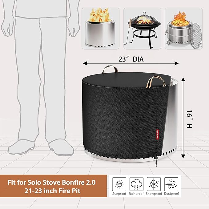 QH.HOME [2025 Upgraded 900D Fabric] Fire Pit Cover Round for Solo Stove Yukon, 23" D x 16" H fits 20"- 23" Fire Pit, 900D Heavy Duty Waterproof Fabric for Outdoor Camping - Black