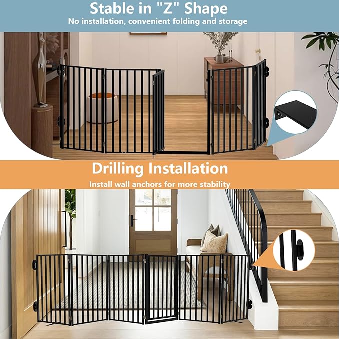 Full Metal Freestanding Dog Gates with Door, 32" Height Dog Fences for Indoor & Outdoor, Extra Wide Foldable Pet Gates for Stairs, Hallways, Doorways, Yard (6 Panels, 120" W × 32" H)