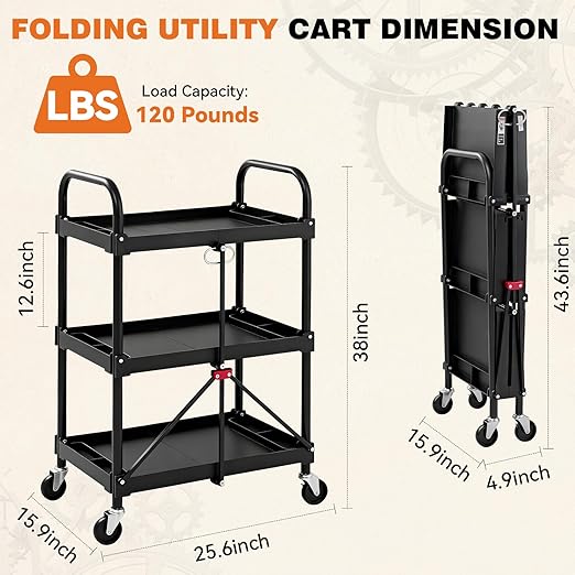 DUMOS 3-Tier Folding Utility Cart, Collapsible Service Cart with 4 Swivel Wheels & Brakes, 120LBS Capacity & Collapsible Storage Rolling Cart for Kitchen, Office, Garden, Garage, Black