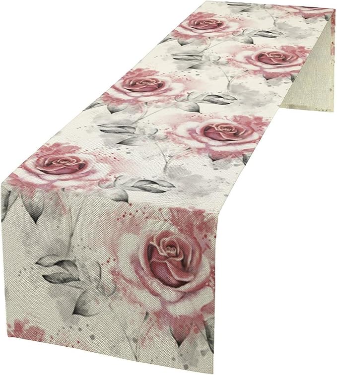 Pink Rose Floral Table Runner,Abstract Watercolor Flower Pattern Modern Romantic Kitchen Dining Table Decoration for Wedding Holiday Home Party 13x108in