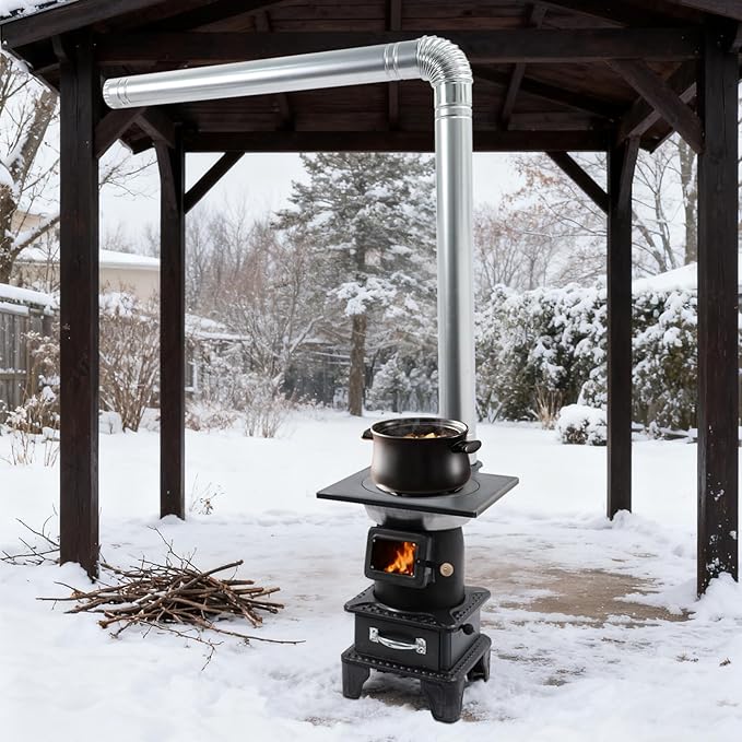 Wood Burning Stove with Chimney and Heat Shield, Outdoor Portable Heater for Camping, Cabin, Tent, Patio, Ice Fishing, Use with Firewood Coal, Carbon Steel, 3-Size Cooktop
