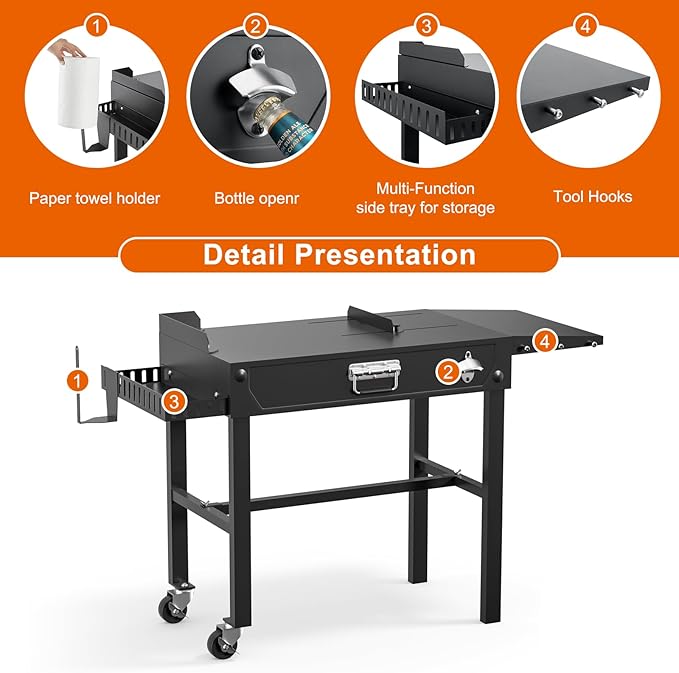 Portable Grill Table for Blackstone Griddle, 31" W x 17" D Folding Cart Stand, Adjustable Table With Paper Towel Holder, Fits 17"/22"/32" Large Space