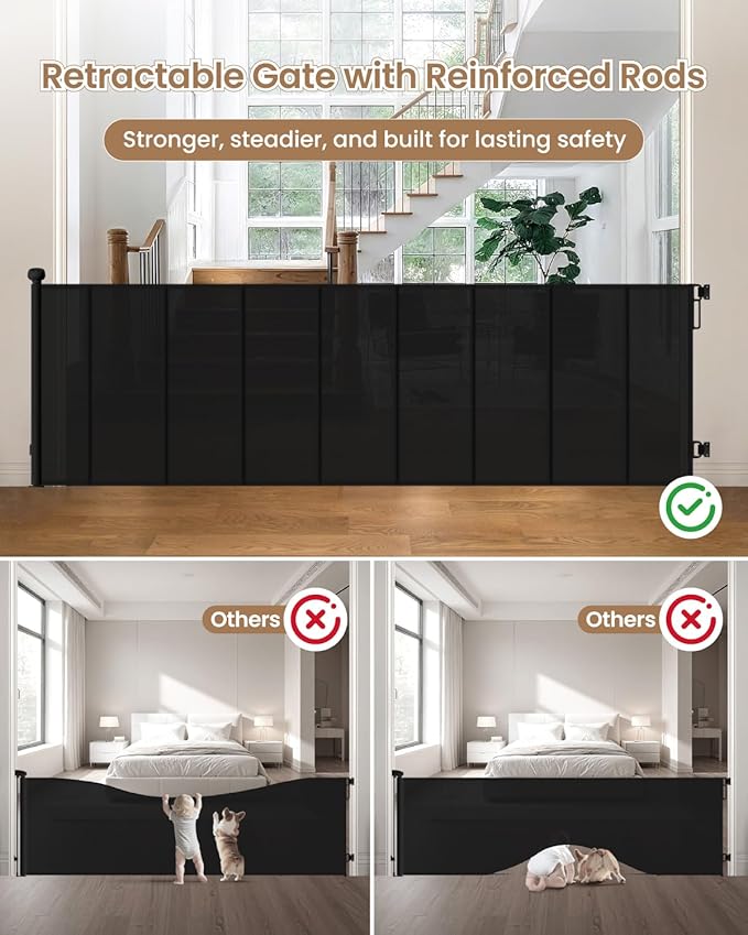 Reinforced Retractable Baby Gate, 100" Wide Child Safety Gate with 8 Support Rods, 34" Tall Scratch-Resistant Mesh Dog Gate for Staircase, Garage, Garden, Outdoor, Black