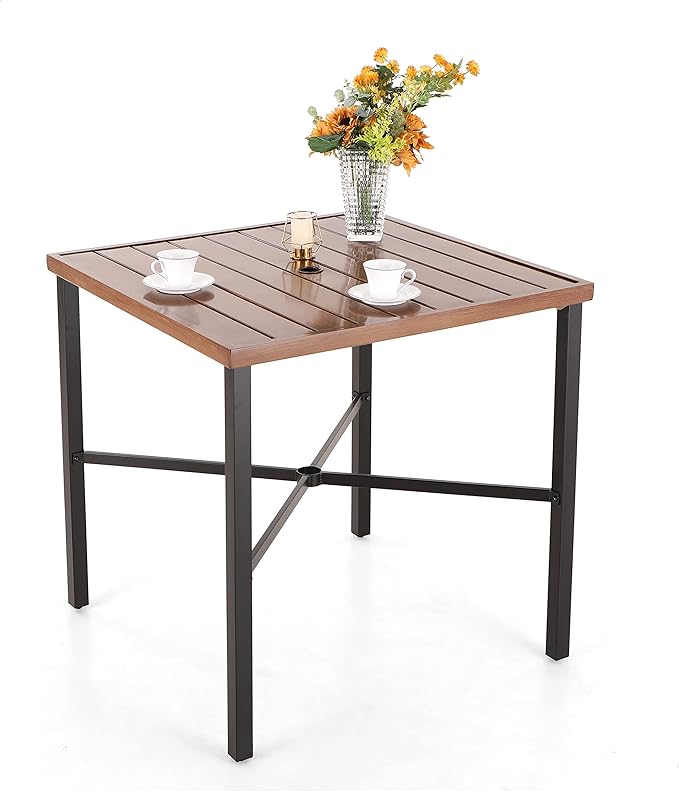 PHI VILLA 36"X36" Outdoor Metal Counter Height Table with 1.57" Umbrella Hole, Square Table with Teakwood-Brown Table Top and Black Table Legs for Outdoor and Indoor