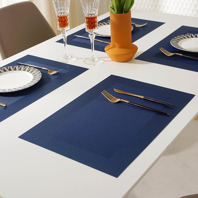 Vinyl Placemats Heat-Resistant Table Mats Washable Easy Clean Plastic Placemats for Dining Table Set of 4(Blue)