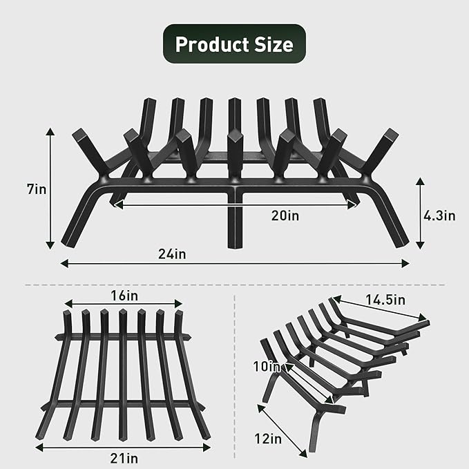 mestyl Fireplace Grate 24 Inch Heavy Duty Wrought Iron Fireplace Log Grate, 3/4" Bar Fire Grates, Firewood Log Burning Rack for Outdoor Wood Stove Pit & Fireplace Log Holder Indoor