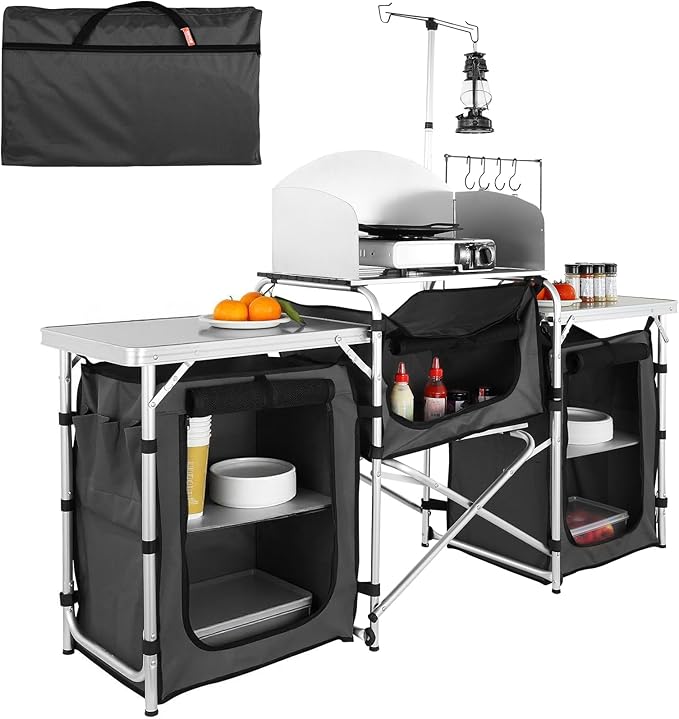 VEVOR Camping Kitchen Table, Folding Outdoor Cooking Table with Storage Carrying Bag, Aluminum Cook Station 3 Cupboard & Detachable Windscreen, Quick Set-up for Picnics, BBQ, RV Traveling, Black