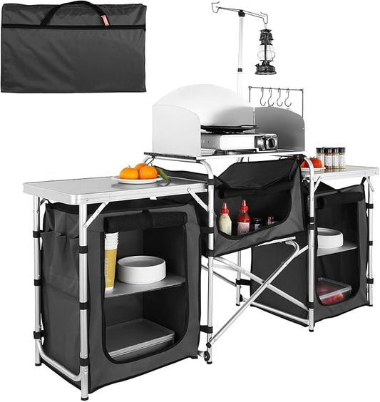 VEVOR Camping Kitchen Table, Folding Outdoor Cooking Table with Storage Carrying Bag, Aluminum Cook Station 3 Cupboard & Detachable Windscreen, Quick Set-up for Picnics, BBQ, RV Traveling, Black