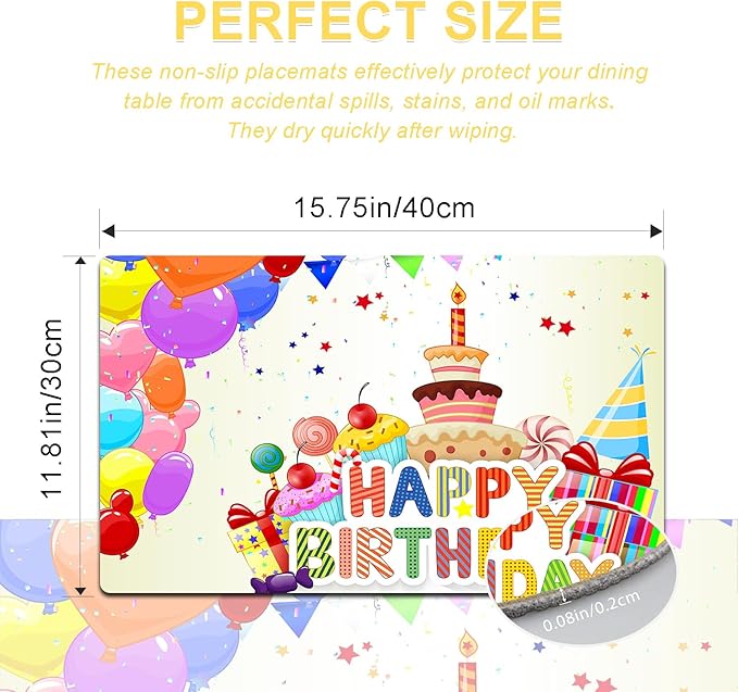 Birthday Placemats Set of 4 - Faux Leather Heat Resistant Placemats for Dinner Table, Non-Slip Waterproof Oil-Proof Washable Reusable Placemat for Indoor Outdoor Kitchen Decor, 15.75In*11.81In