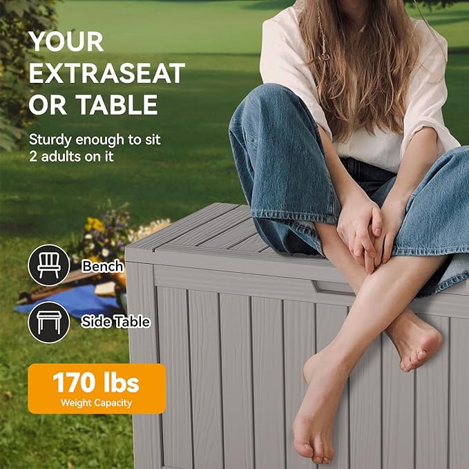 Outdoor Storage Box, Resin Deck Boxes Outdoor Waterproof For Patio Furniture, Garden Tools, Pool Supplies, Durable And UV Resistant, Lockable (72 Gallon, Grey)
