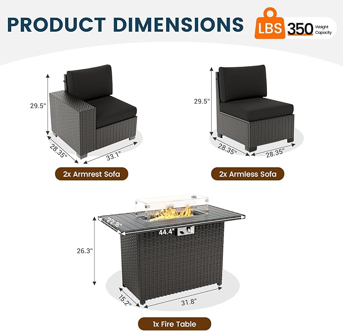 5 Piece Patio Furniture Set with Fire Pit Table, Outdoor Sectional Conversation Sets Black Wicker Rattan Sectional Sofa for Patio Garden Backyard, 4'' Thickened Cushion Black